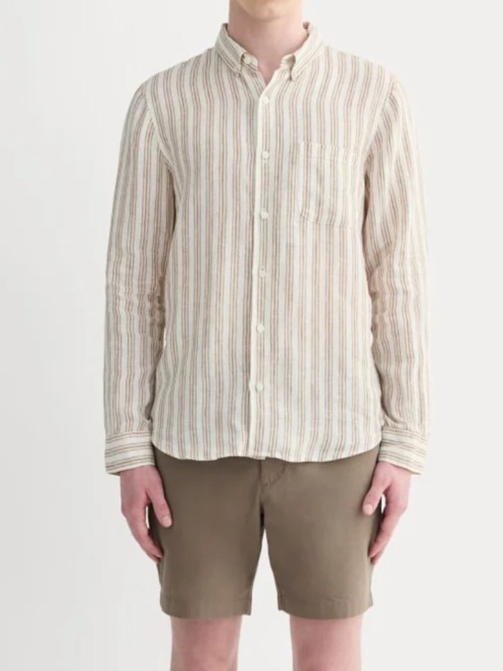 Everlane Men's Classic Shirt Linen Beige Striped Size Large Button Front Long